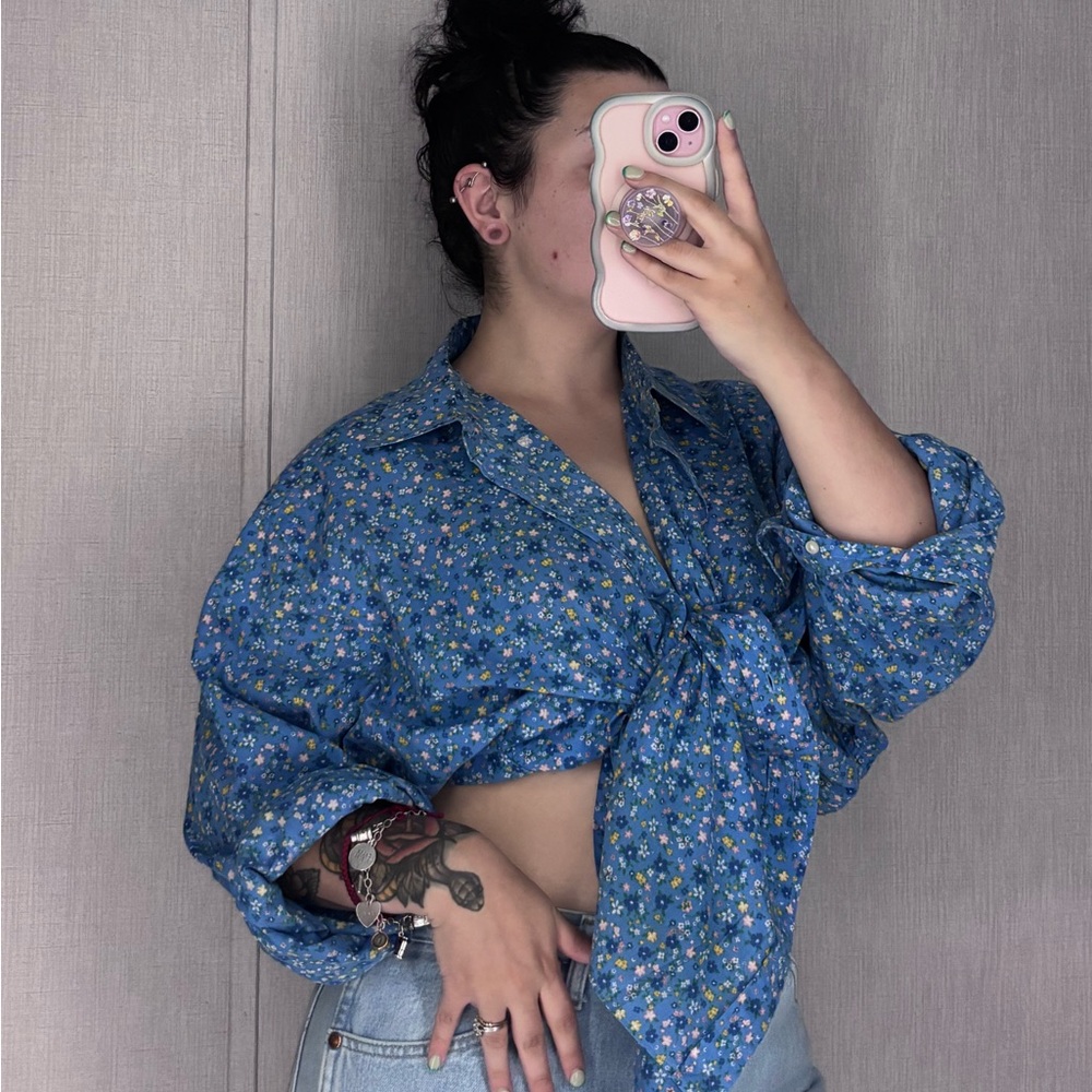 Ralph Lauren Blue Floral Tie-Front Button-Down Shirt
